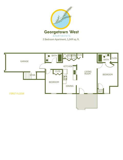 Floor plan for 2 beds, 2 baths, 1049 sqft